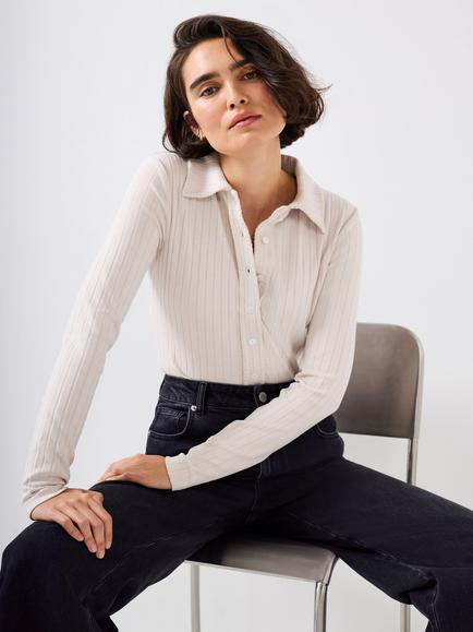 Mint Velvet Whipstitch Ribbed Polo Top, Natural Stone, Natural Stone