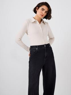 Mint Velvet Whipstitch Ribbed Polo Top, Natural Stone - view 2, Natural Stone