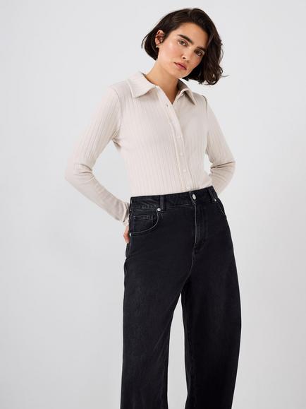 Mint Velvet Whipstitch Ribbed Polo Top, Natural Stone - view 2, Natural Stone
