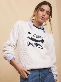 Mint Velvet Diamond Knit Fish Motif Jumper, White Ivory, White Ivory