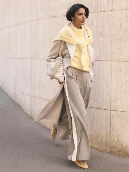Mint Velvet Side Stripe Wide Leg Trousers, Natural Taupe - view 2, Natural Taupe