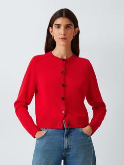 John Lewis Merino Wool Crew Neck Cardigan, Tomato Red, Tomato Red