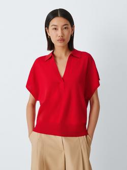 John Lewis Merino Wool Knit Cap Sleeve Polo Shirt, Tomato Red, Tomato Red
