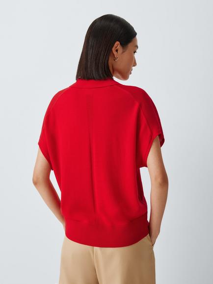 John Lewis Merino Wool Knit Cap Sleeve Polo Shirt, Tomato Red - view 2, Tomato Red