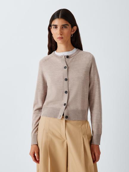 John Lewis Merino Wool Crew Neck Cardigan, Taupe Marl