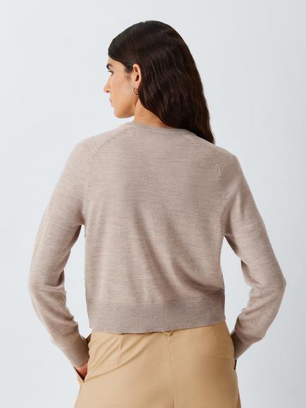 John Lewis Merino Wool Crew Neck Cardigan - view 2, Taupe Marl