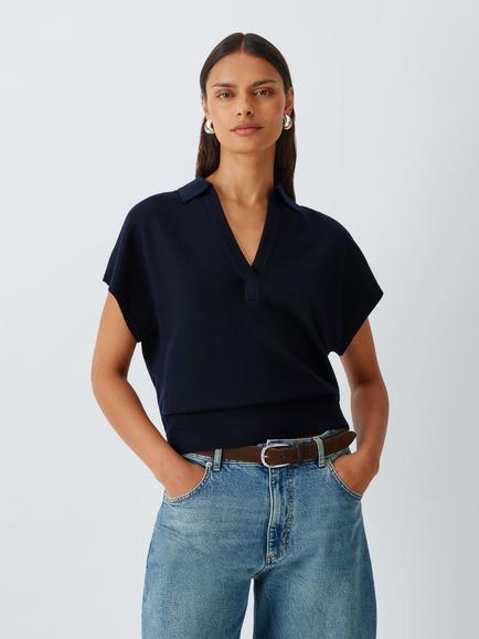 John Lewis Merino Wool Knit Cap Sleeve Polo Shirt, Navy, Navy