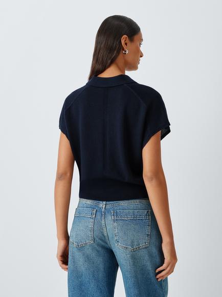 John Lewis Merino Wool Knit Cap Sleeve Polo Shirt, Navy - view 2, Navy
