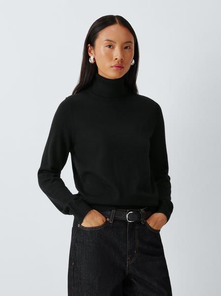 John Lewis Pure Merino Wool Roll Neck Jumper, Black
