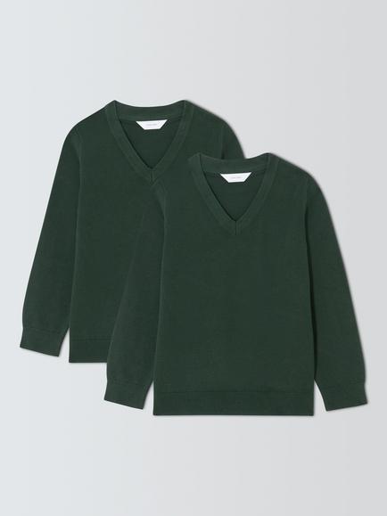 John Lewis Kids' Pure Cotton V-Neck School Jumper, Pack of 2, Green