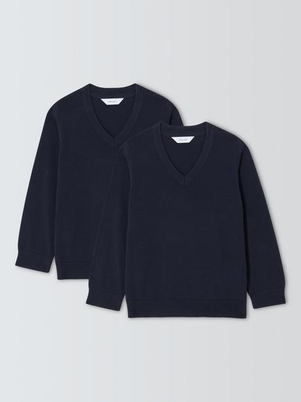 John Lewis Kids' Pure Cotton V-Neck School Jumper, Pack of 2, Navy