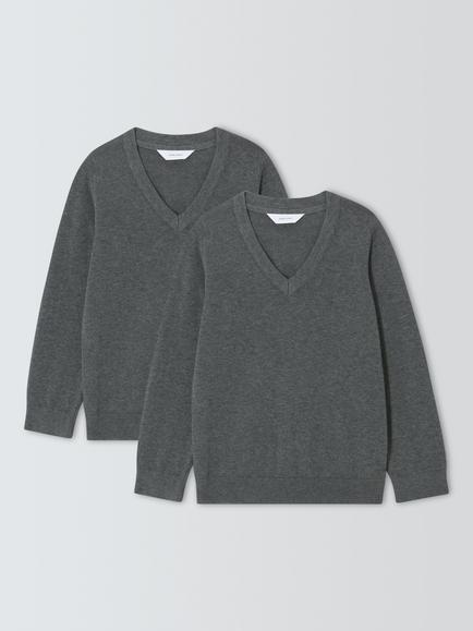 John Lewis Kids' Pure Cotton V-Neck School Jumper, Pack of 2, Grey