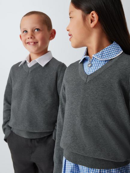 John Lewis Kids' Pure Cotton V-Neck School Jumper, Pack of 2 - view 2, Grey