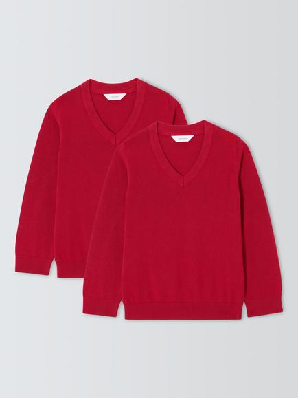 John Lewis Kids' Pure Cotton V-Neck School Jumper, Pack of 2, Red