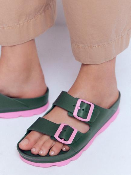 Boden Lyla Double Buckle Slider Sandals, Khaki/Pink - view 2, Khaki/Pink