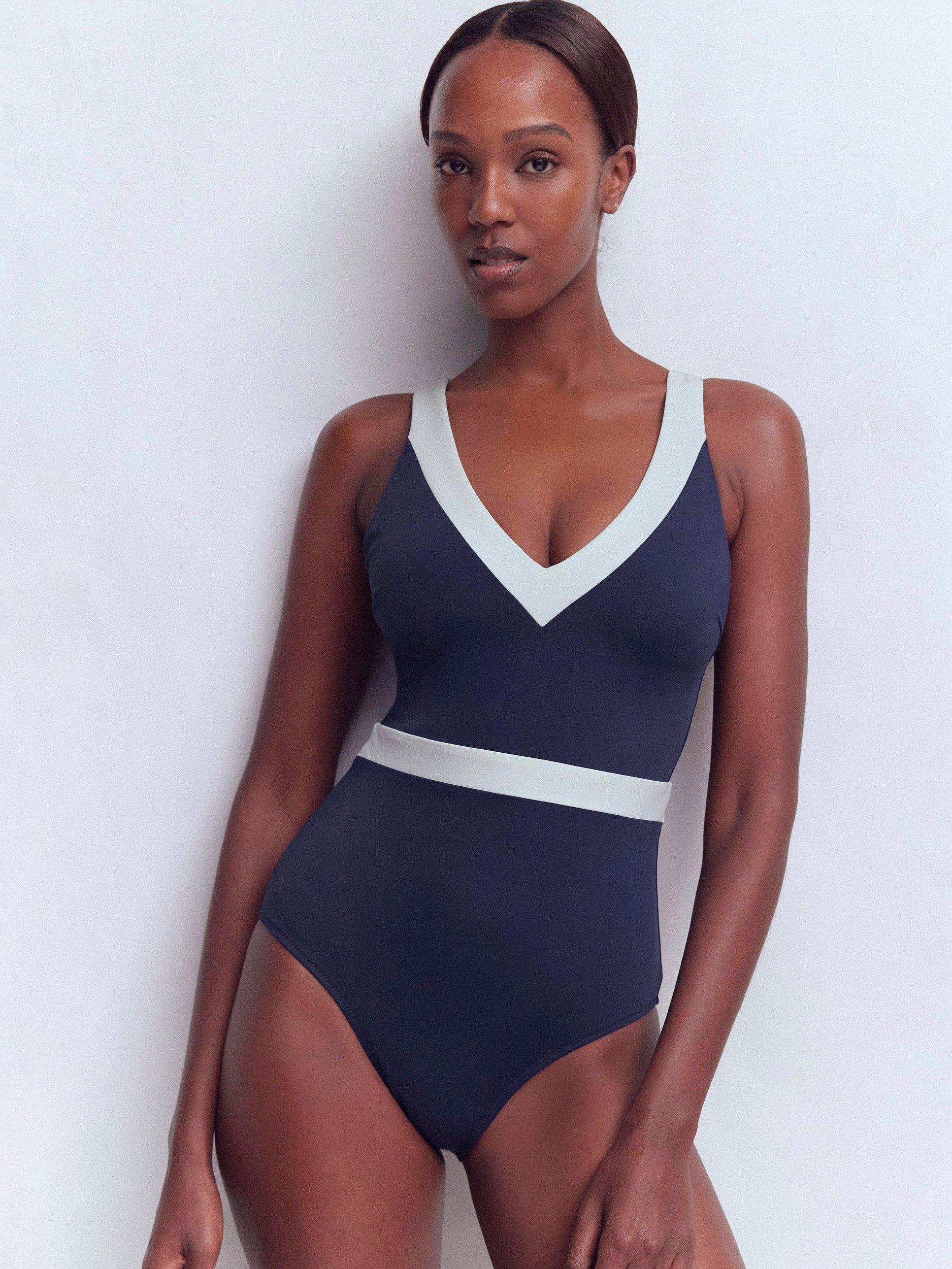 Product image 1 of 7, which shows Boden Campania Colour Block Swimsuit, Navy/Ivory, 8