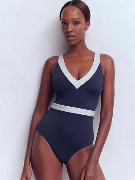 Boden Campania Colour Block Swimsuit, Navy/Ivory, Navy/Ivory