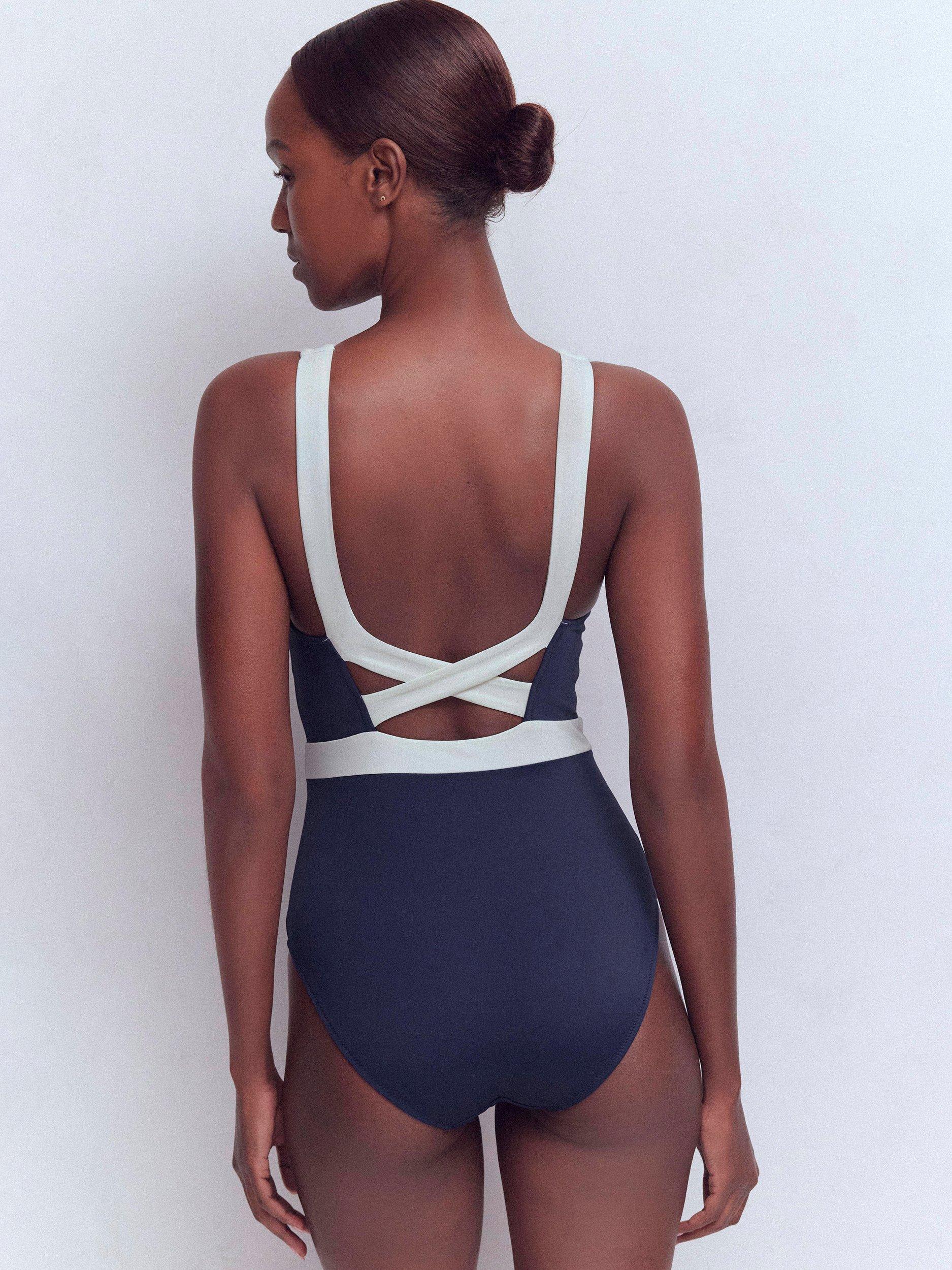 Product image 3 of 7, which shows Boden Campania Colour Block Swimsuit, Navy/Ivory, 8