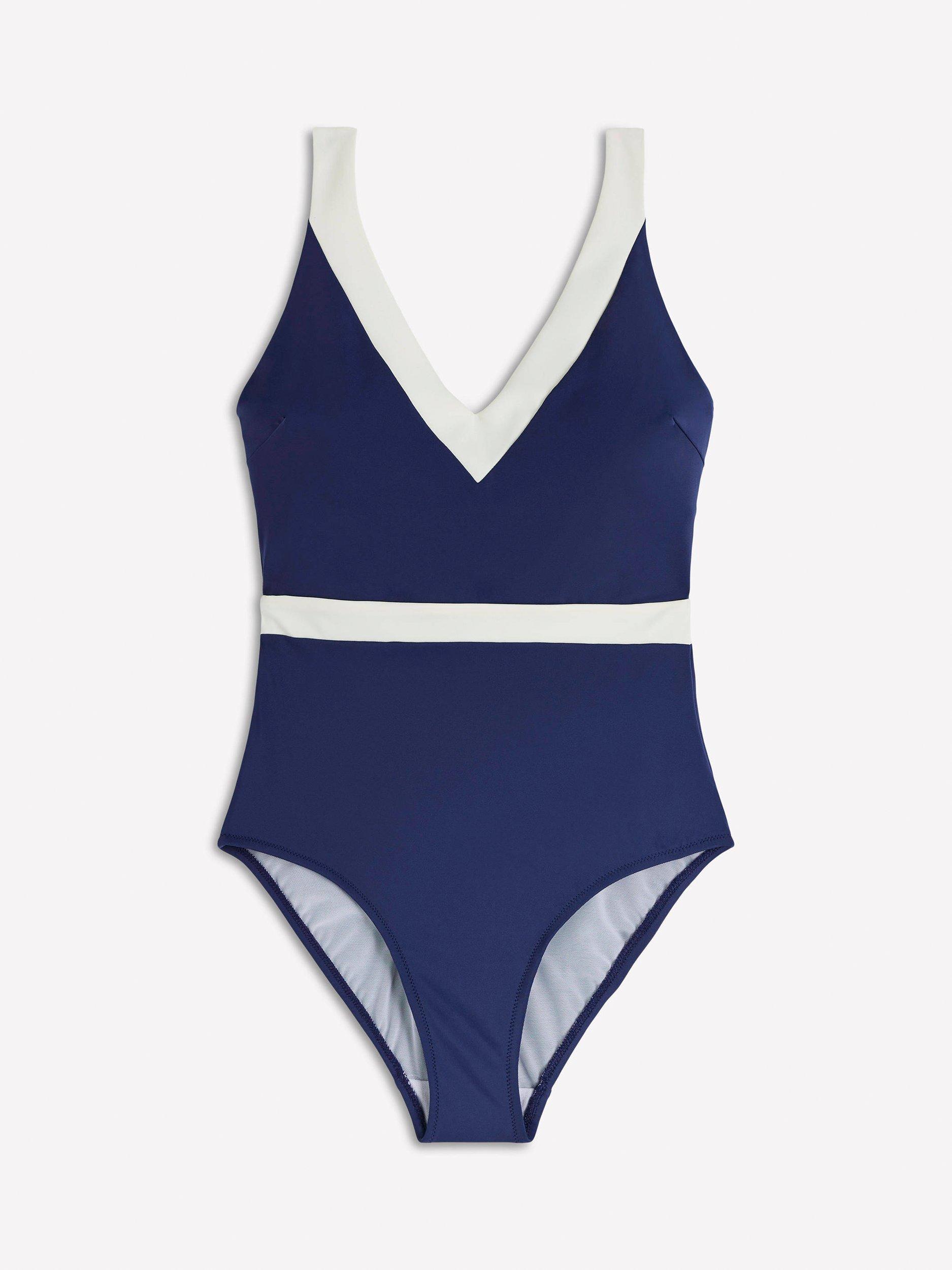 Product image 6 of 7, which shows Boden Campania Colour Block Swimsuit, Navy/Ivory, 8