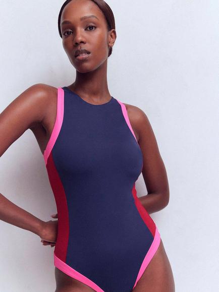 Boden Piped Sporty Swimsuit, Navy, Navy