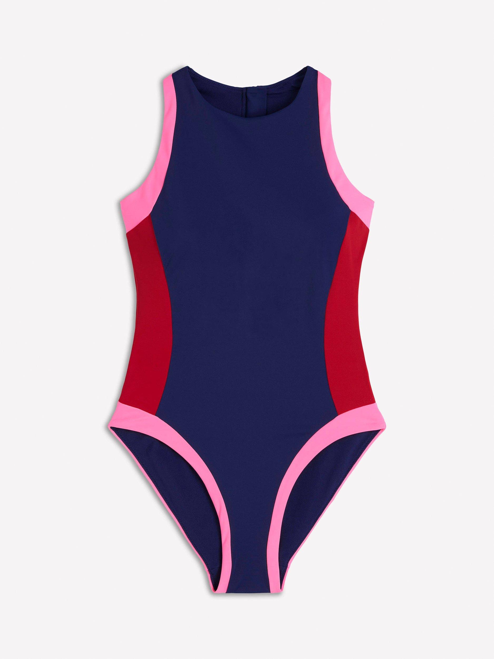 Product image 6 of 7, which shows Boden Piped Sporty Swimsuit, Navy, 8