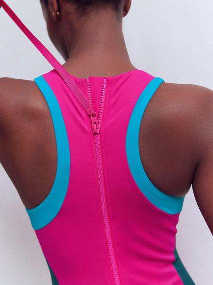 Boden Piped Sporty Swimsuit, Pink/Multi - view 2, Pink/Multi