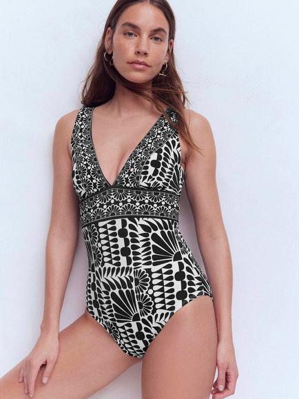 Boden Porto Geometric V-Neck Swimsuit, Black, Black
