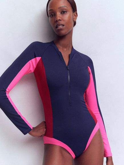 Boden Sporty Raglan Sleeve Swimsuit, Navy/Multi, Navy/Multi