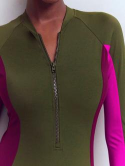 Boden Sporty Raglan Sleeve Swimsuit, Khaki/Multi - view 2, Khaki/Multi