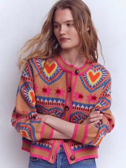 Boden Abi Jacquard Heart Wool Blend Cardigan, Camel Melange, Camel Melange