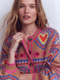 Boden Abi Jacquard Heart Wool Blend Cardigan, Camel Melange - view 2, Camel Melange