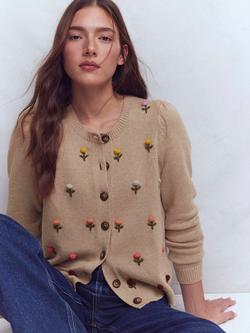 Boden Davina Puff Sleeve Floral Cardigan, Chinchilla, Chinchilla