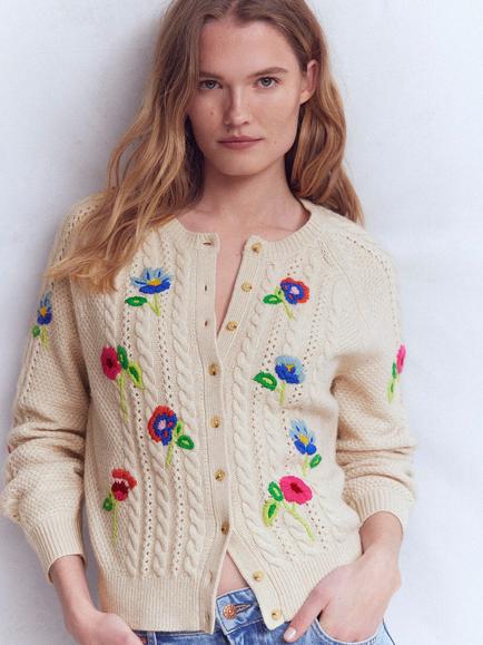 Boden Liv Embroidered Floral Wool Blend Cardigan, Oatmeal Melange