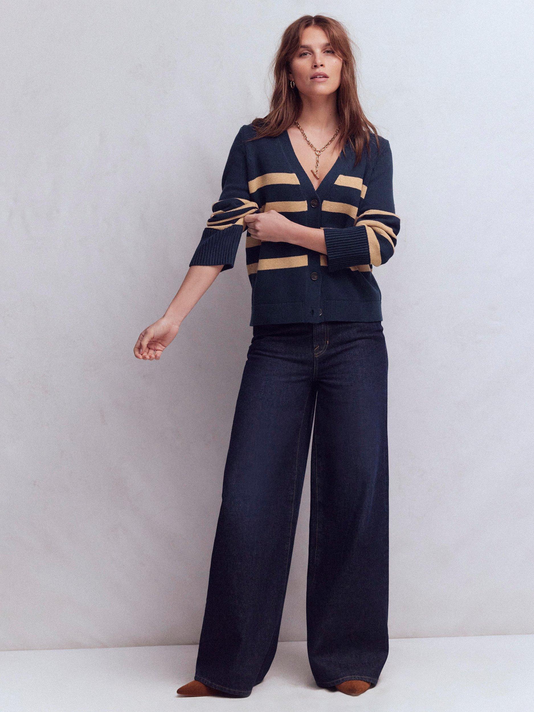 Product image 1 of 6, which shows Boden Lucy Stripe Cardigan, Navy/Camel Melange, XS