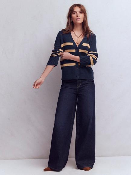 Boden Lucy Stripe Cardigan, Navy/Camel Melange, Navy/Camel Melange