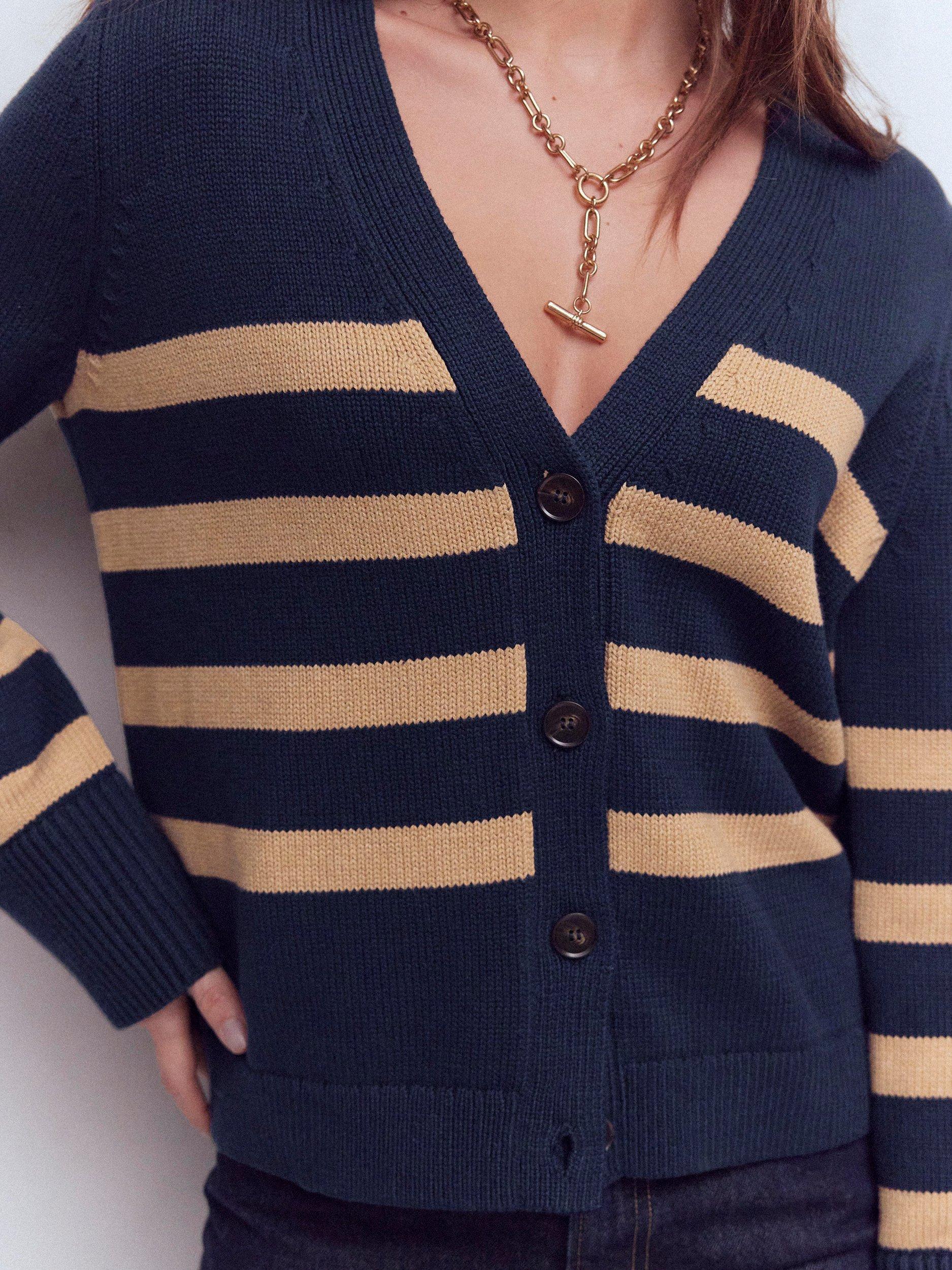Product image 3 of 6, which shows Boden Lucy Stripe Cardigan, Navy/Camel Melange, XS