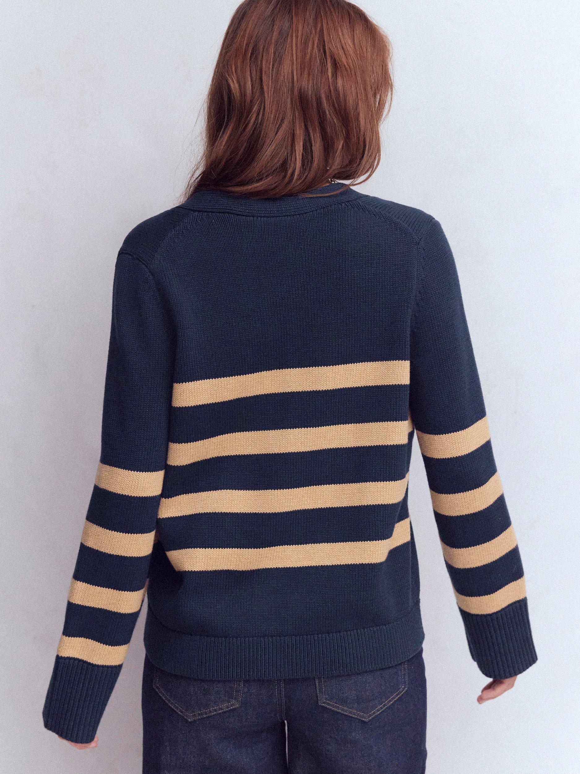 Product image 4 of 6, which shows Boden Lucy Stripe Cardigan, Navy/Camel Melange, XS