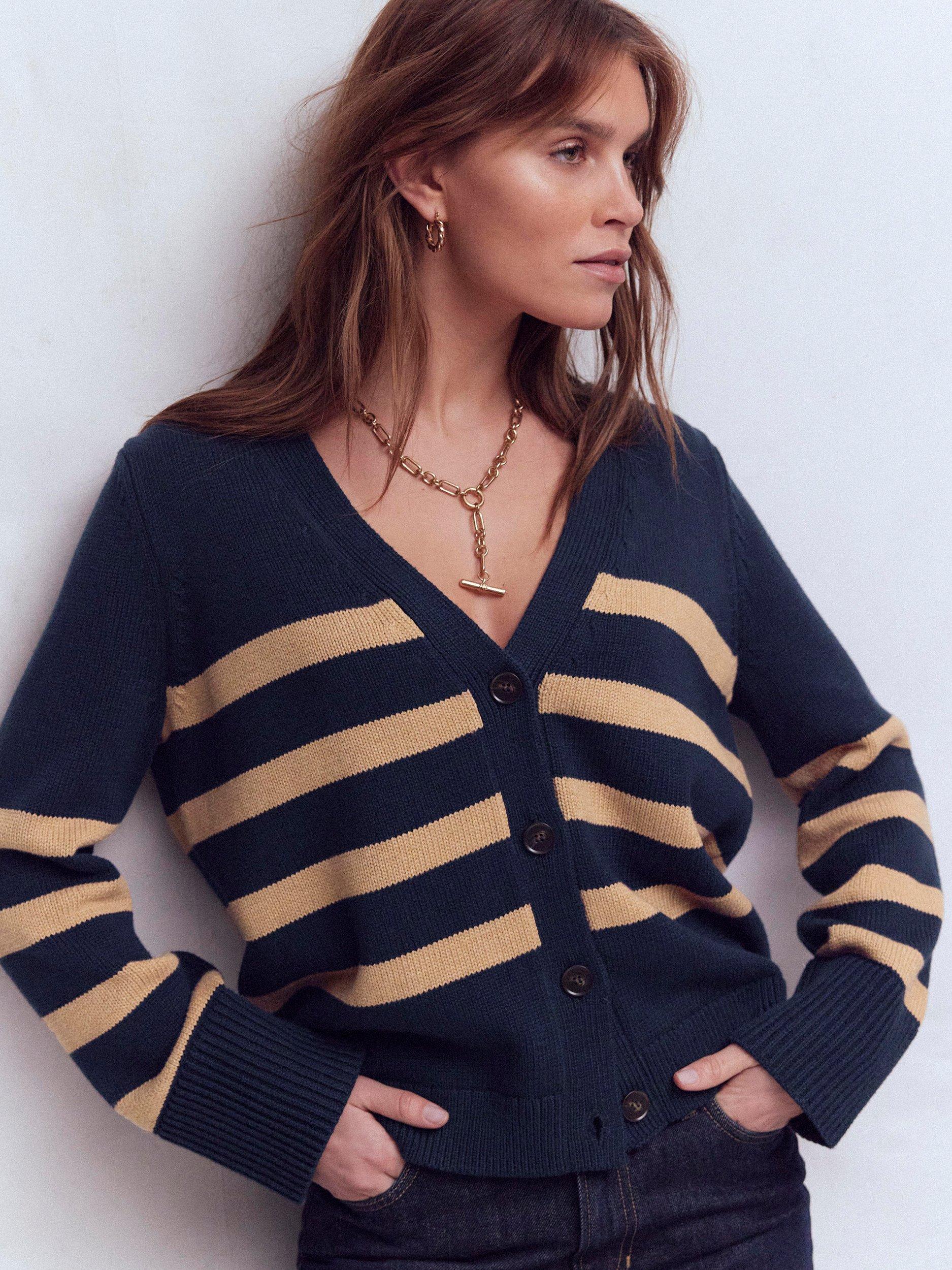 Product image 5 of 6, which shows Boden Lucy Stripe Cardigan, Navy/Camel Melange, XS
