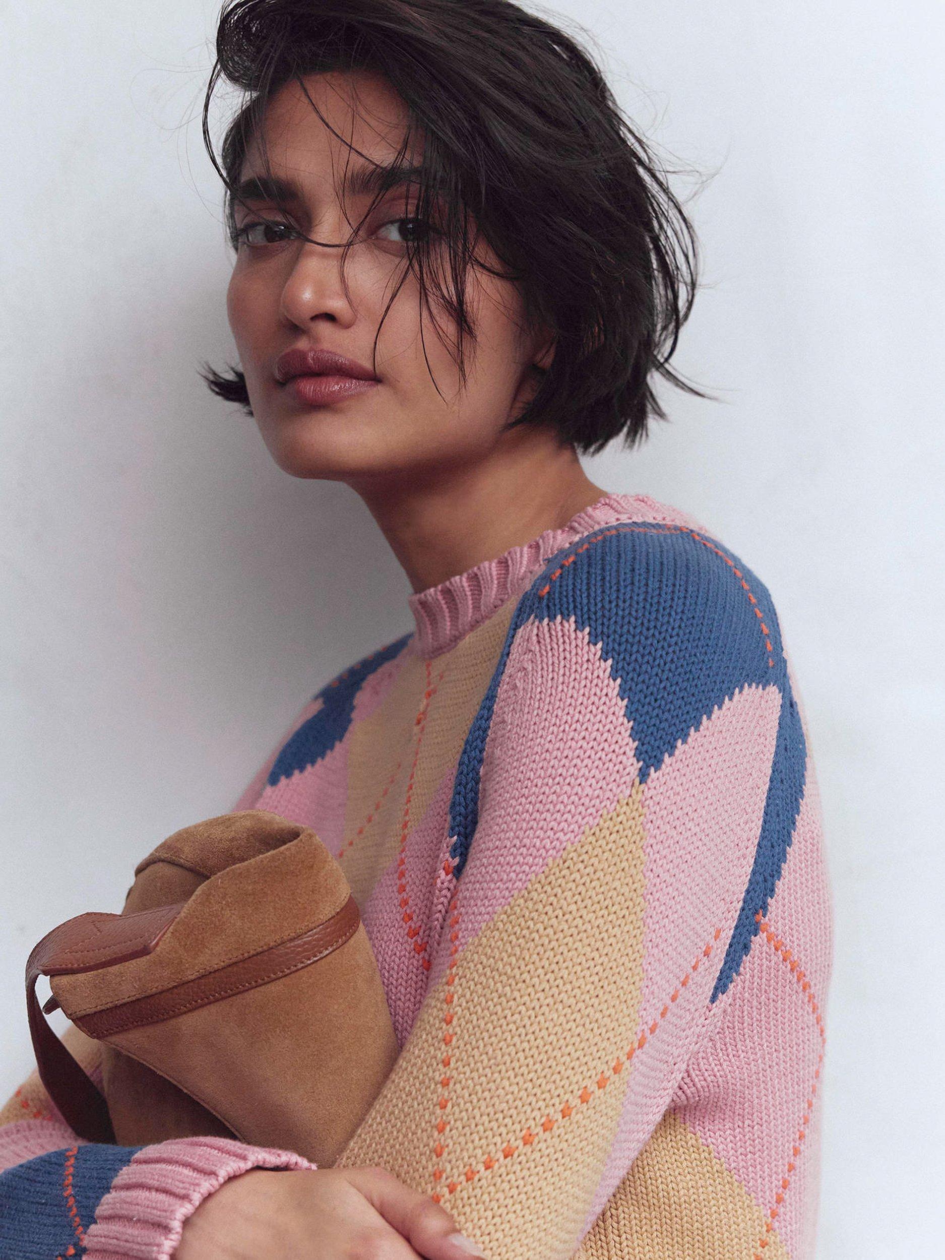 Product image 2 of 6, which shows Boden Camilla Argyle Jumper, Pink/Multi, XS