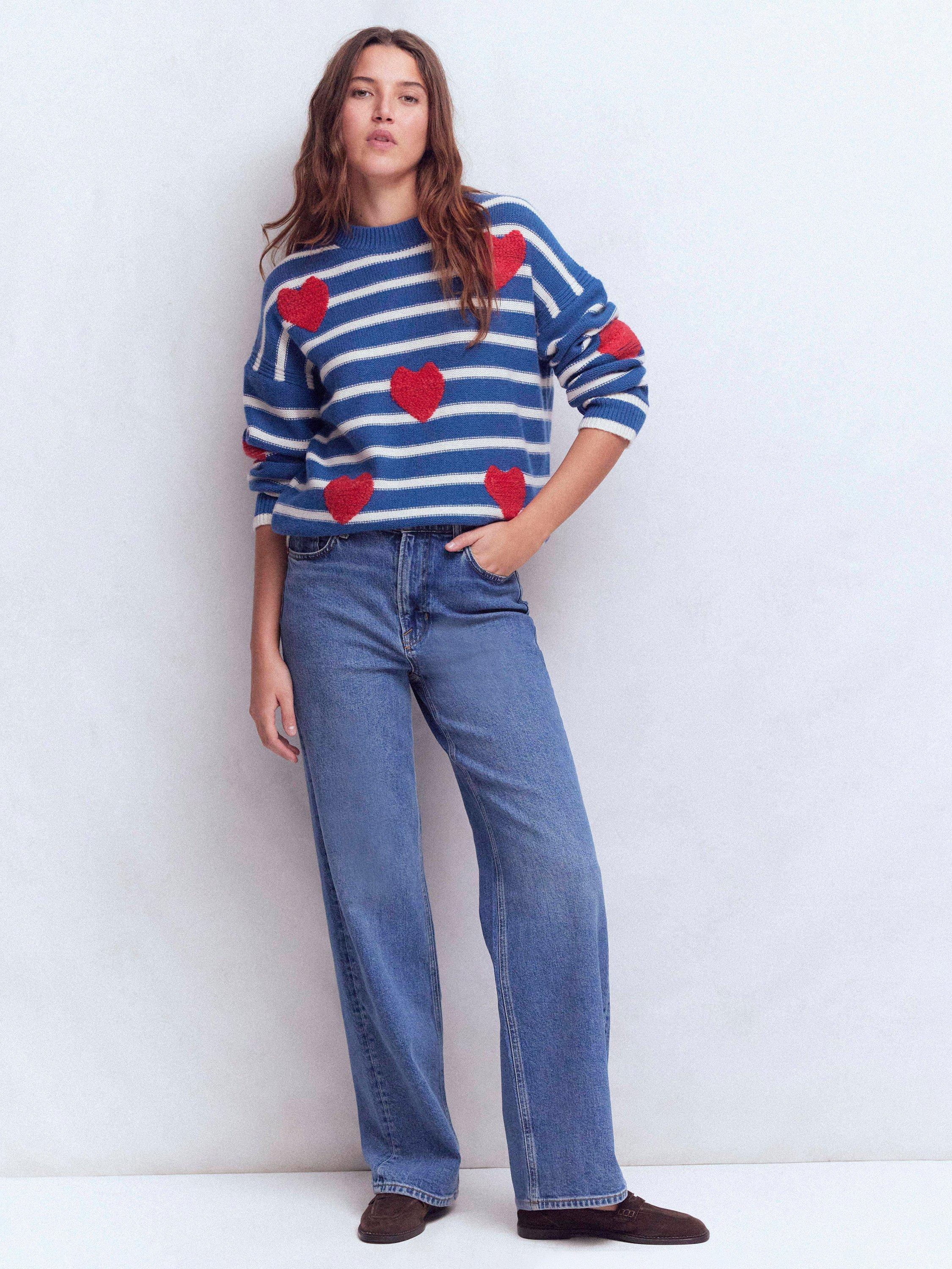 Product image 1 of 6, which shows Boden Isa Embroidered Heart Wool Blend Jumper, Delft Blue, XS