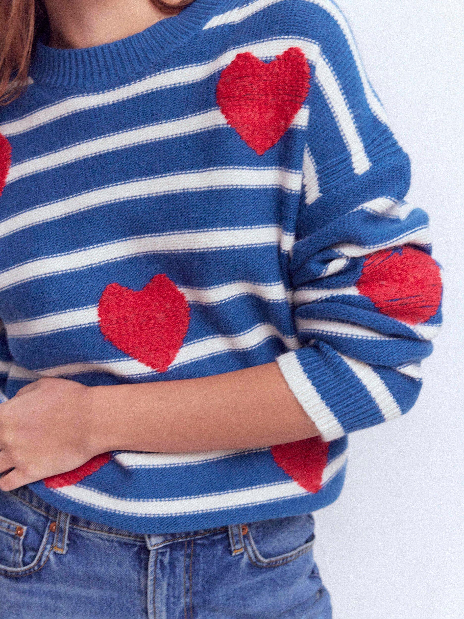 Product image 2 of 6, which shows Boden Isa Embroidered Heart Wool Blend Jumper, Delft Blue, XS