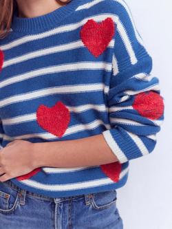 Boden Isa Embroidered Heart Wool Blend Jumper, Delft Blue - view 2, Delft Blue