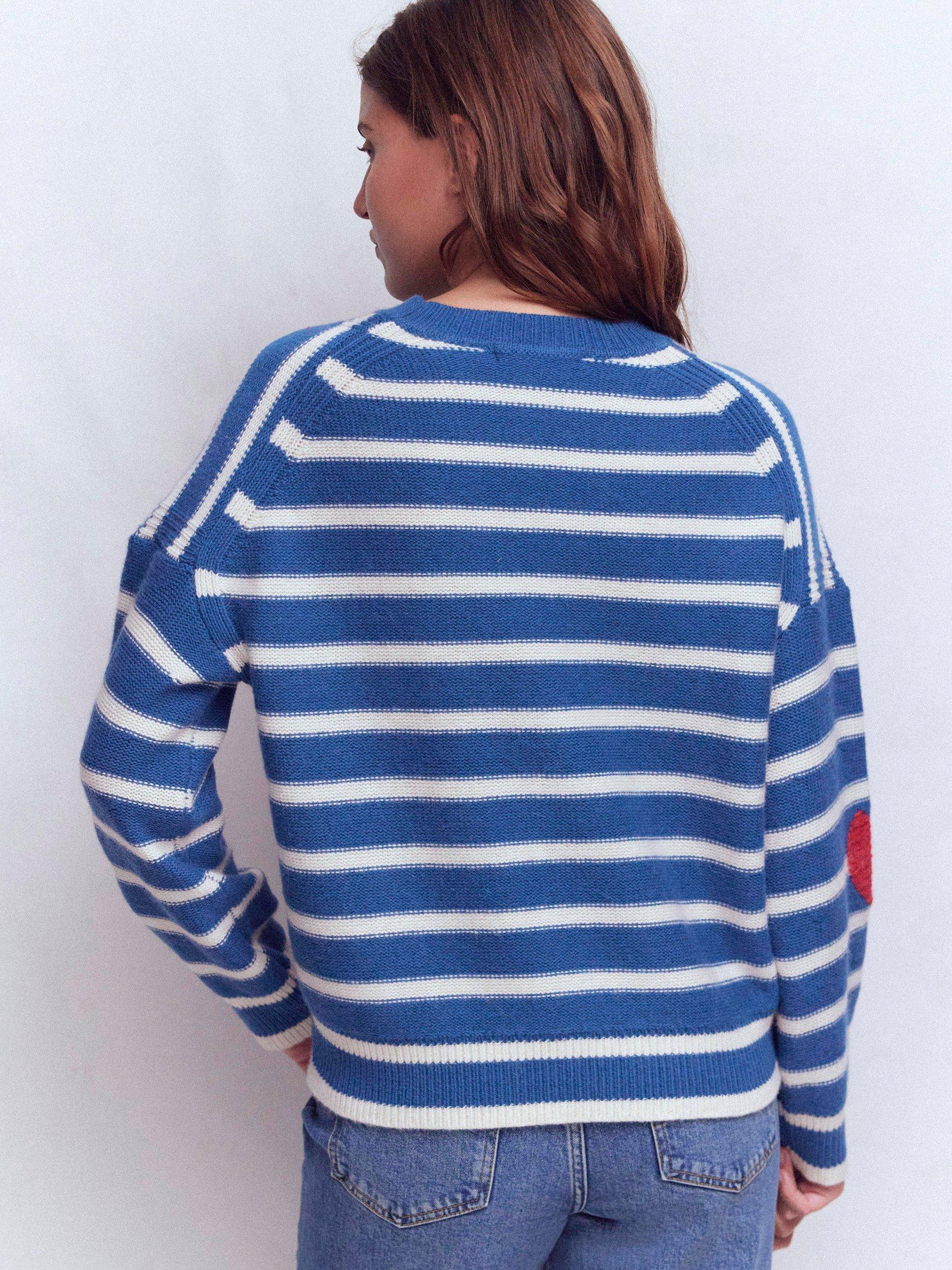 Product image 3 of 6, which shows Boden Isa Embroidered Heart Wool Blend Jumper, Delft Blue, XS