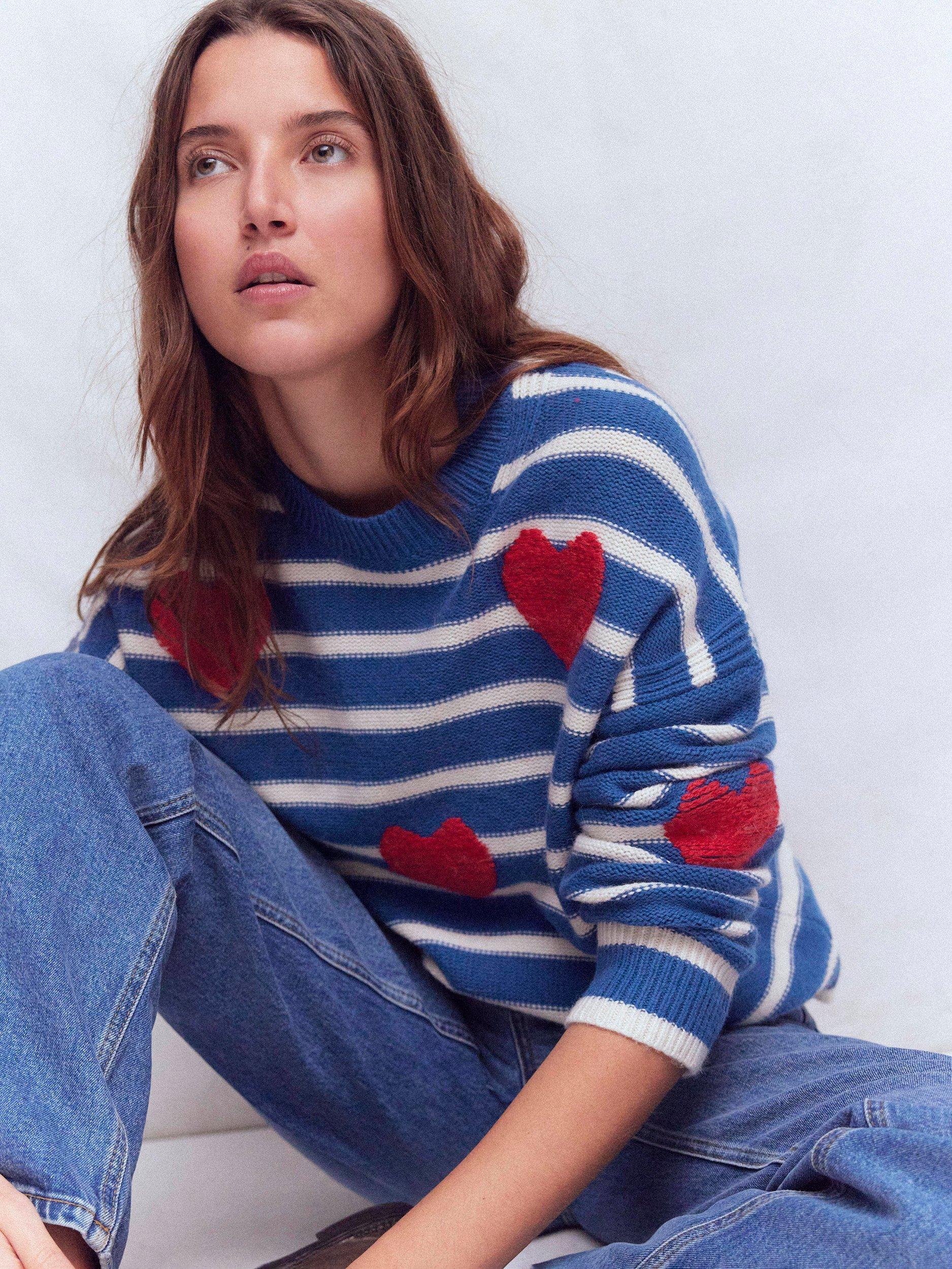 Product image 4 of 6, which shows Boden Isa Embroidered Heart Wool Blend Jumper, Delft Blue, XS