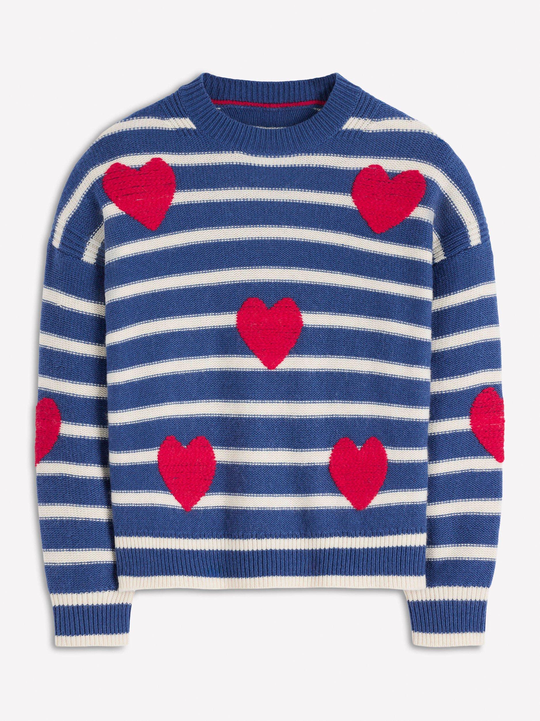 Product image 5 of 6, which shows Boden Isa Embroidered Heart Wool Blend Jumper, Delft Blue, XS