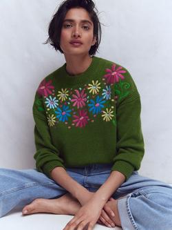 Boden Isa Embroidered Floral Wool Blend Jumper, Garden Green, Garden Green