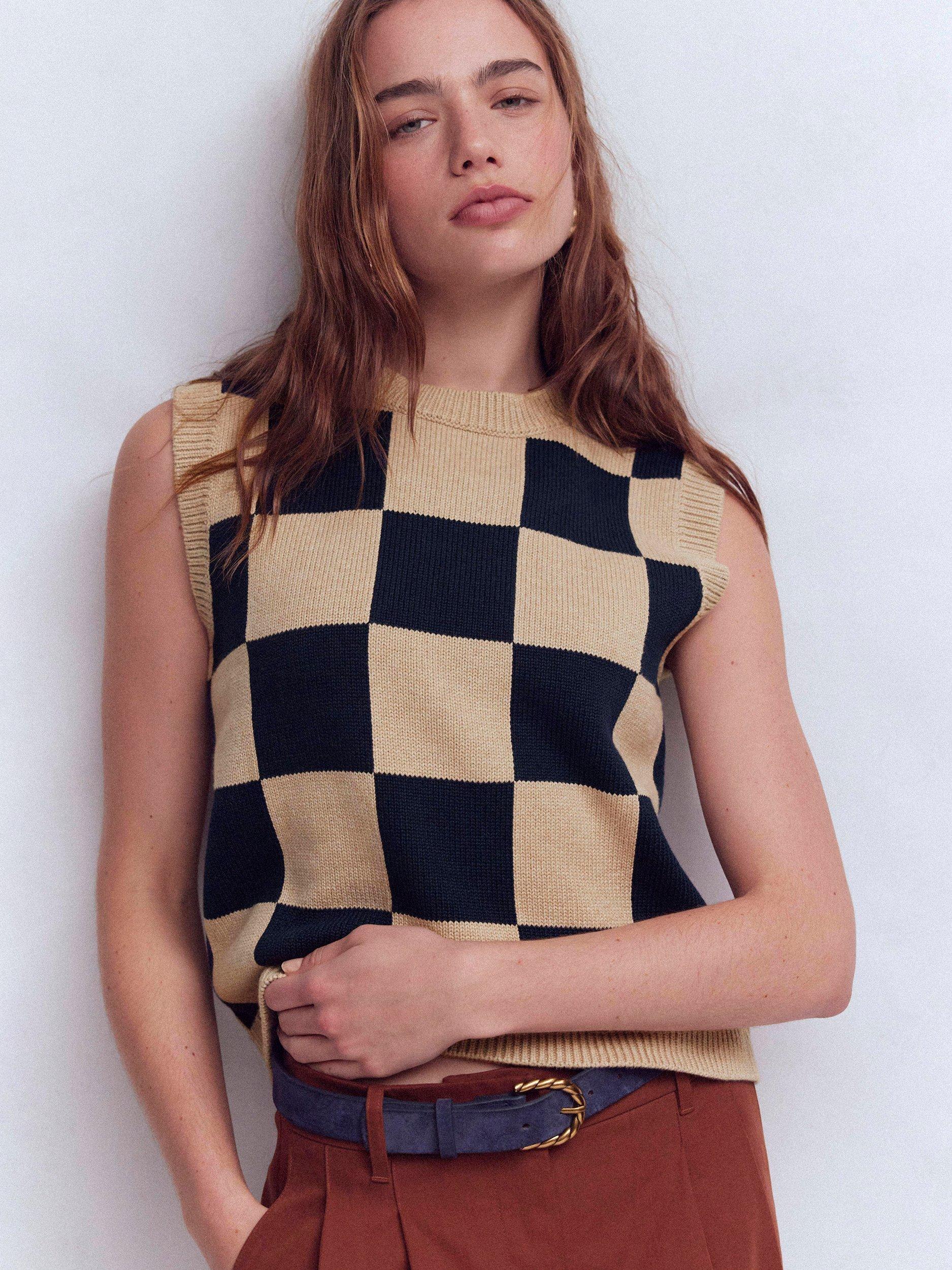 Product image 1 of 6, which shows Boden Lucy Check Tank Top, Camel/Navy, XS