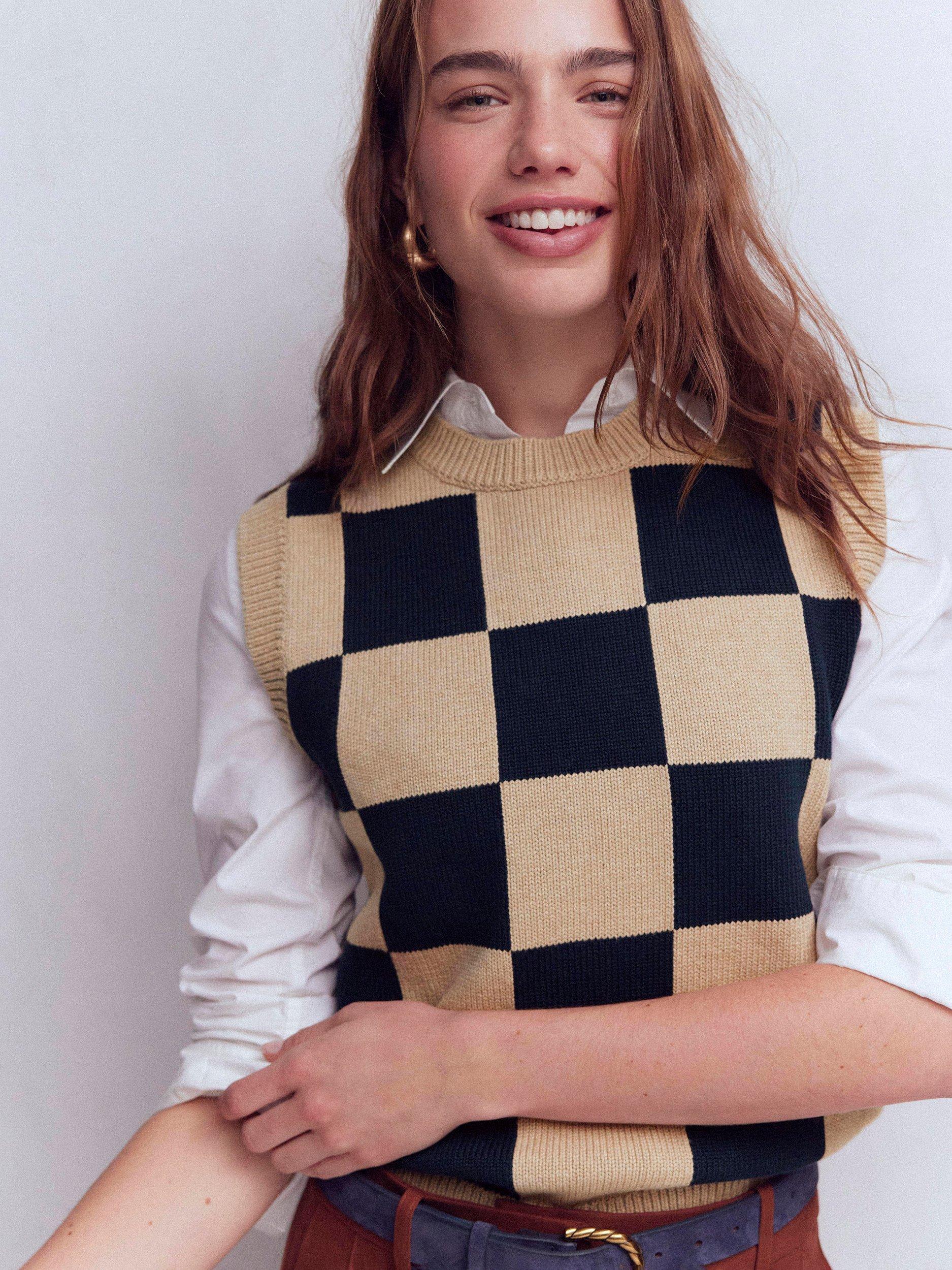 Product image 4 of 6, which shows Boden Lucy Check Tank Top, Camel/Navy, XS