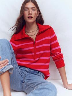 Boden Lucy Stripe Half-Zip Jumper, Pink/Red, Pink/Red