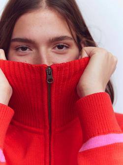 Boden Lucy Stripe Half-Zip Jumper, Pink/Red - view 2, Pink/Red